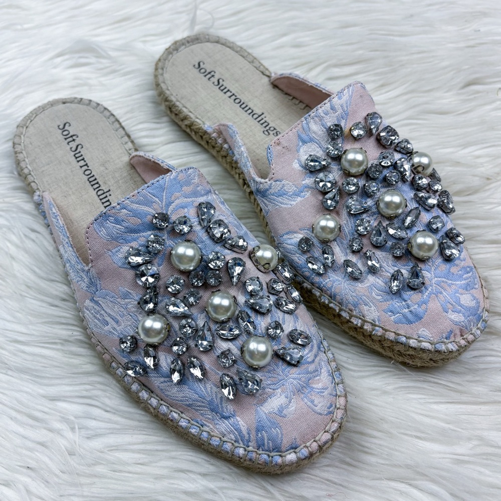 Soft Surroundings Jewel Pearl Floral Jacquard Slip On Mule Espadrilles Pink Blue
